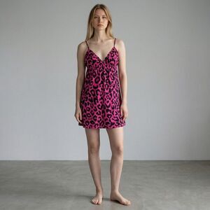 Victoria's Secret Hot Pink Black Leopard Cotton Sleep Chemise V neck size L